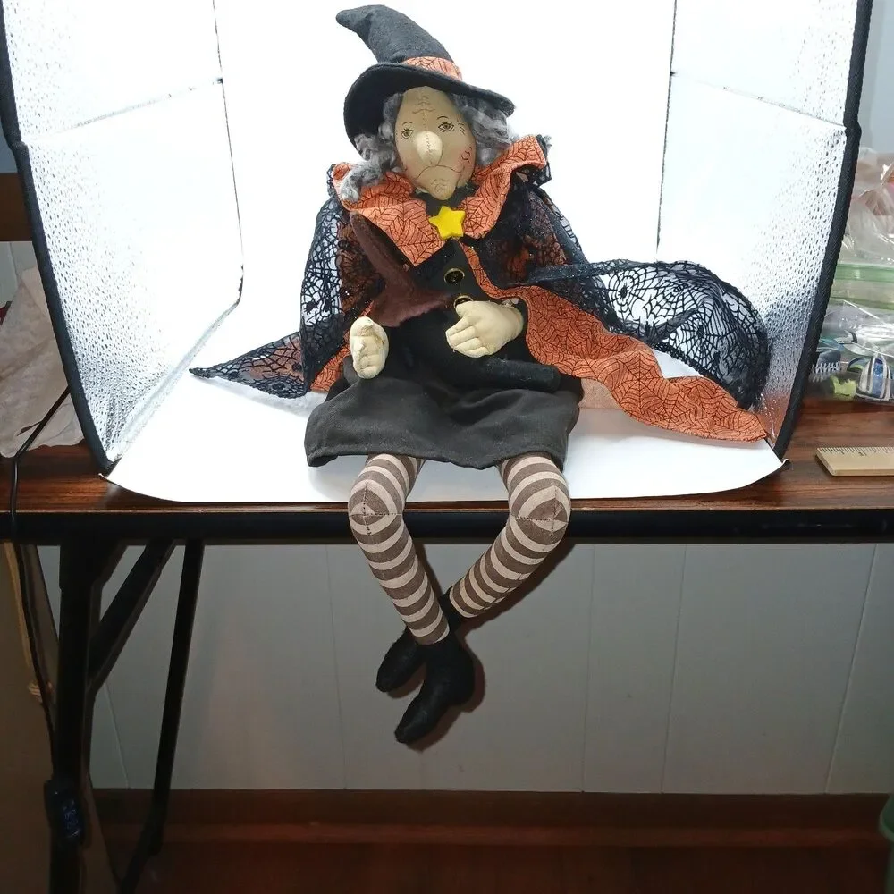 Vintage Halloween Witch Doll with Pet Bird Shelf Sitter Folk Art Style 18